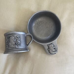Vintage Carson Pewter Teddy Bear Baby Bowl and Cup Set